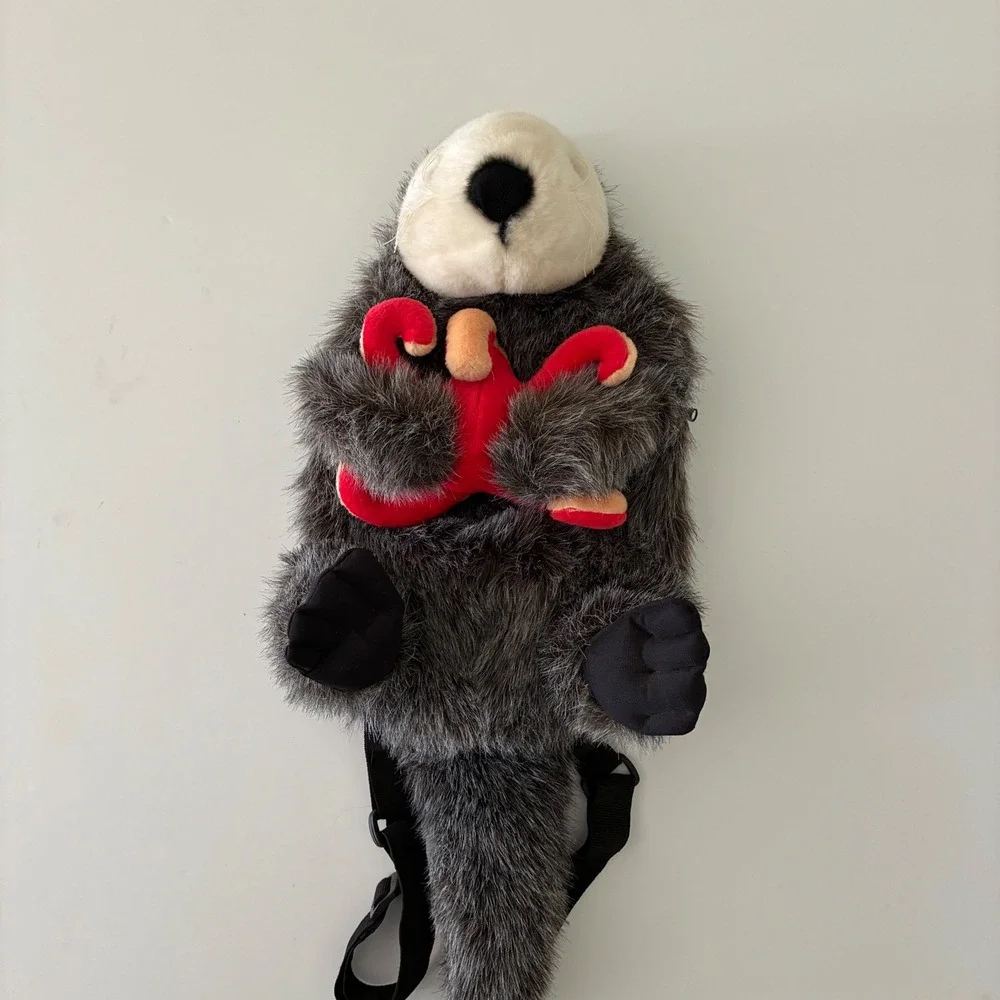 Plush Sea Otter Backpack Kids Faux Fur Animal Bag with Starfish Brown Cream